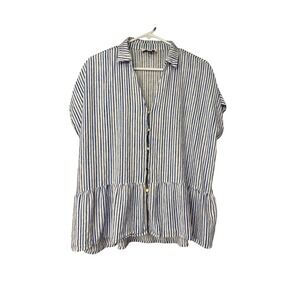 CALLIGRAPHIE Striped Button‎ Peplum Blouse Top Womens XL Blue White Linen Blend